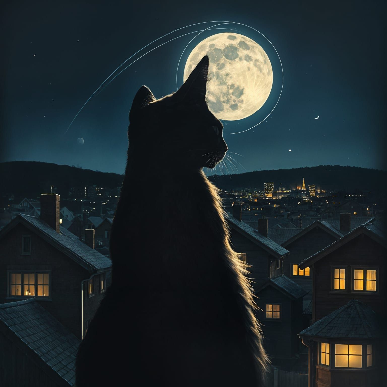 Cat Contemplates Moonlit City