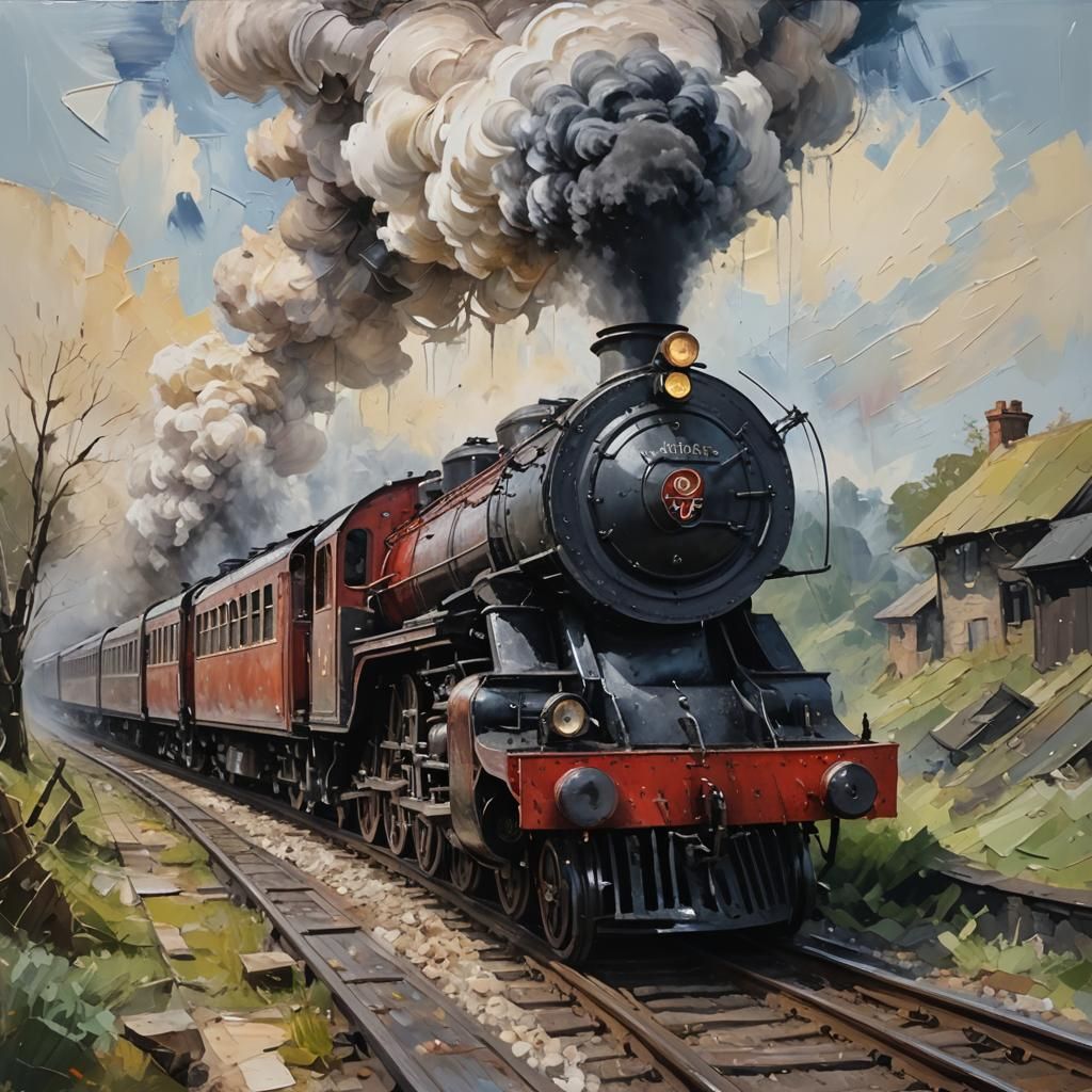 Textured Steam Train Impasto Painting