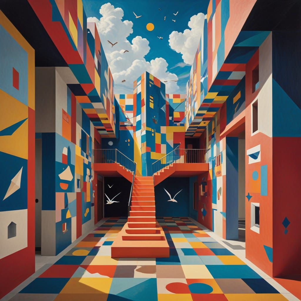 Surreal Dreamscape with Geometric Forms in Vivid Colors