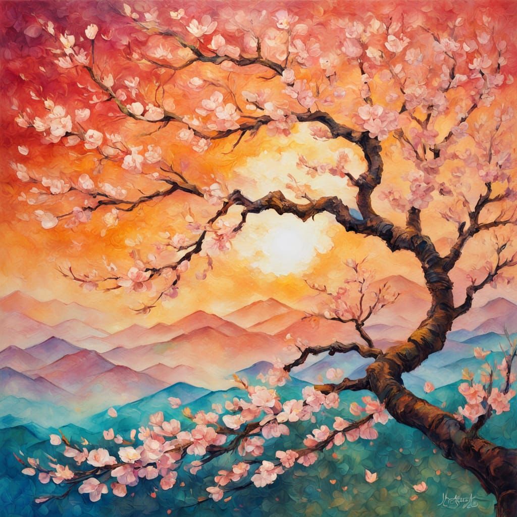 Surreal Cherry Blossom Landscape in Impressionist Oil Painti...
