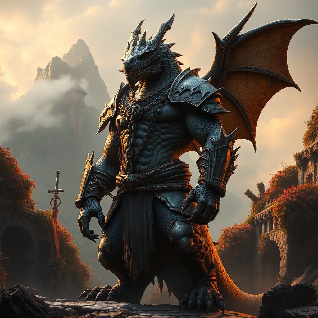 Mystical Dragon Warrior Stands Guard in Forgotten Fantasy Re...