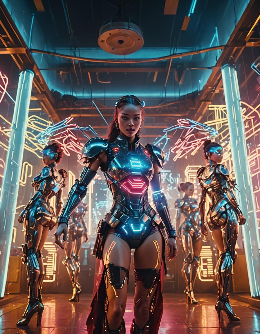 Svelte Cyborgs Dance Under Neon Lights in Futuristic Citysca...