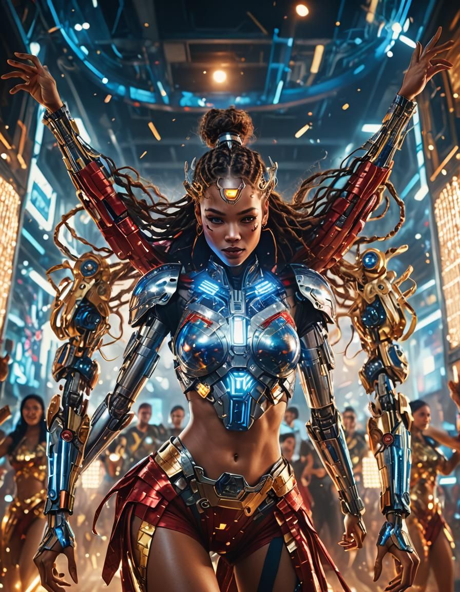 Cyborg Disco Queens Shimmer Under Epic Lighting