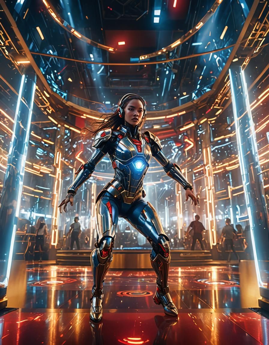 Cyborg Woman Dances in Vibrant Futuristic Nightclub