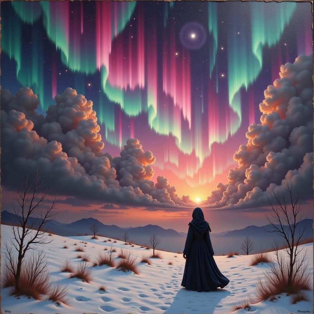 Witch on Windswept Moor Under Swirling Auroras