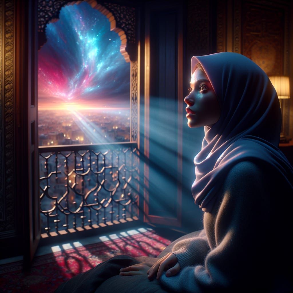 A Young Hijabi Girl in a Lavish Room Overlooking a Vibrant I...
