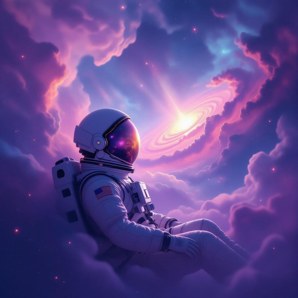 Astronaut Adrift in Nebula Reflecting Galaxy