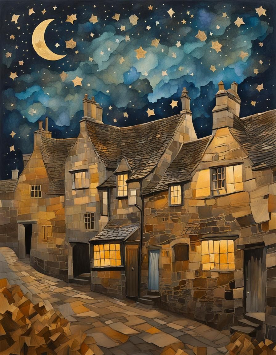 Cotswolds Village in Autumn, Paper Collage Style