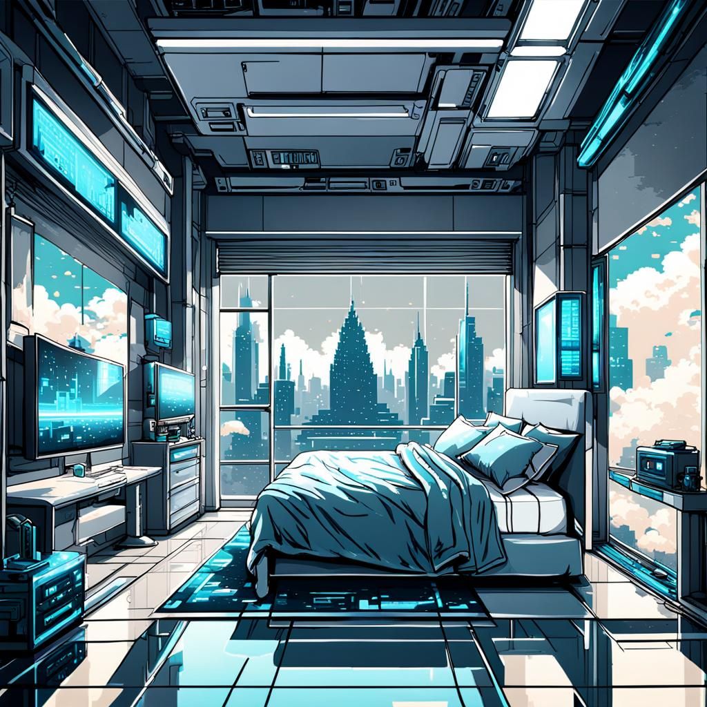8-bit Pixel Metal Bedroom with Futuristic City View