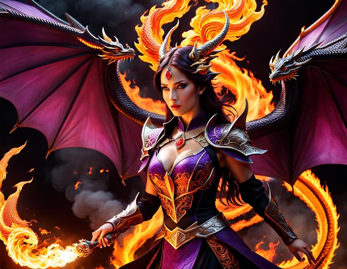 Stunning Fire Sorceress with Dragon, Hyperrealistic Art
