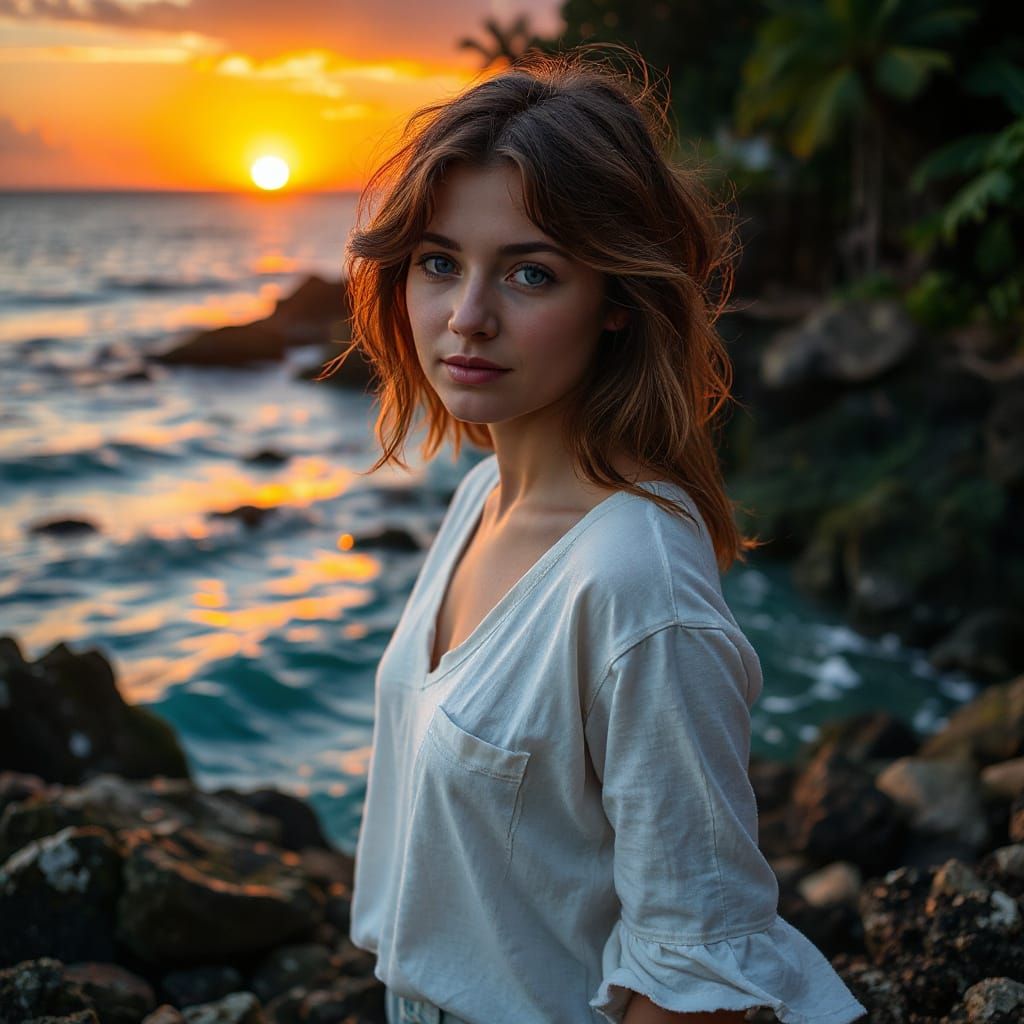 Pensive Woman Watching Sunset over Atlantic Ocean