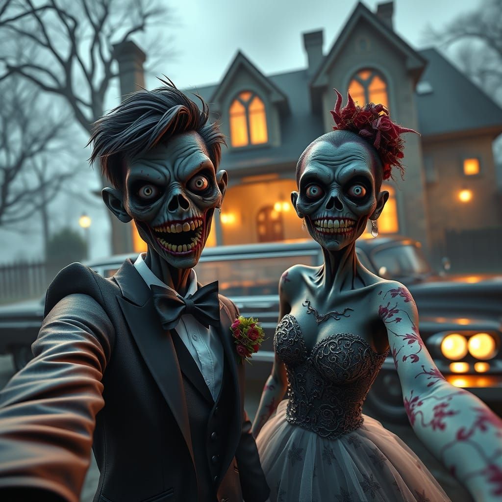 Zombie Couple Prom Selfie with Spooky House