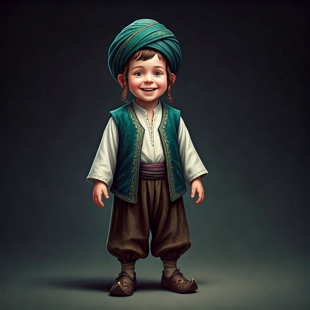 Joyful 1st Century Hasidic Boy in Intricate Green Turban