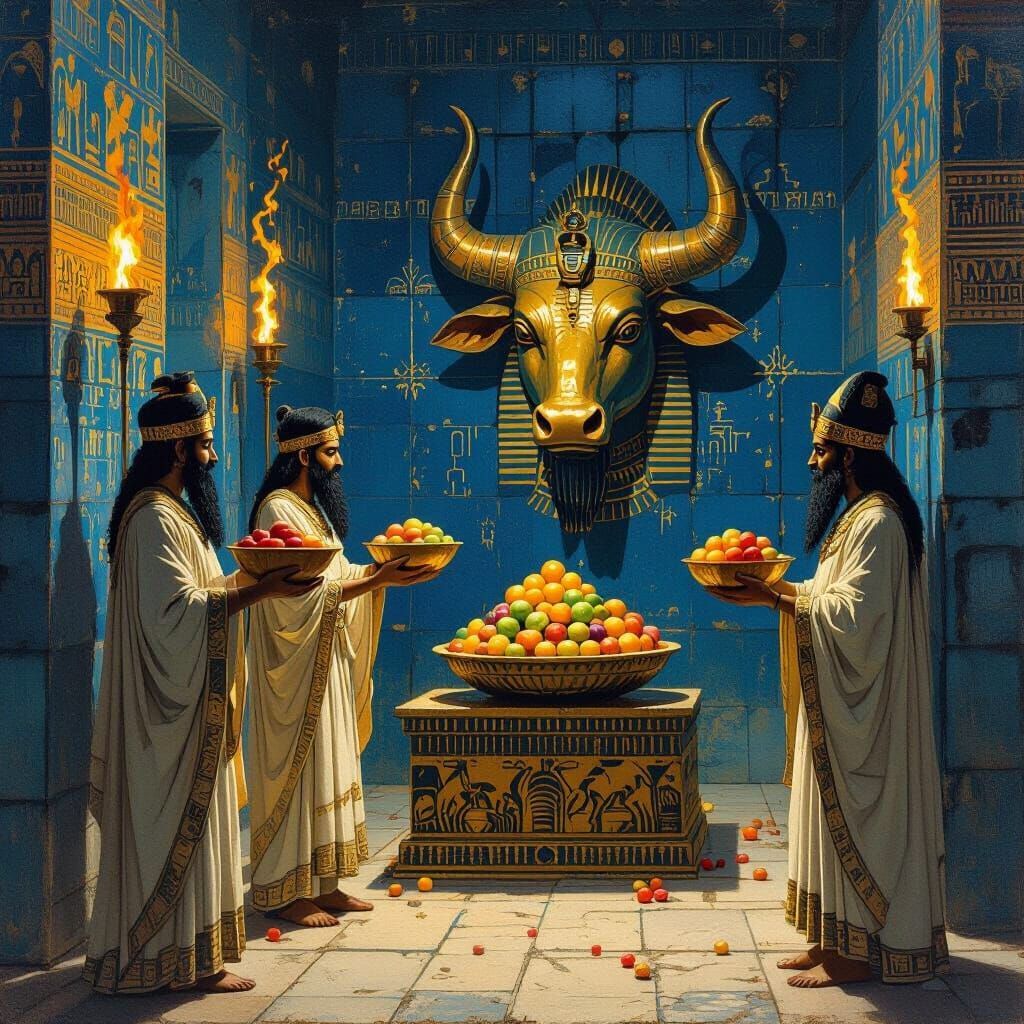 Babylonian Priests Offer Fruit to Bull-Headed God in Blue Ch...