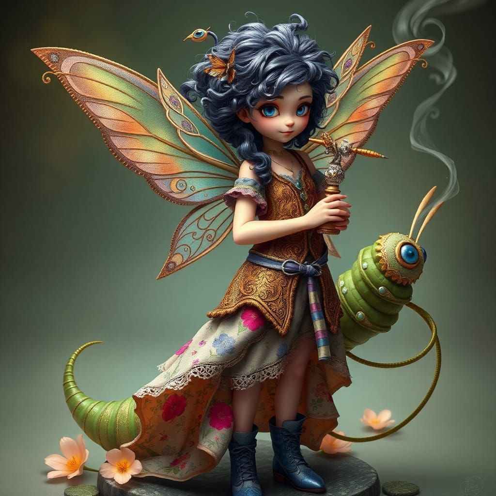 Whimsical Pixie and Caterpillar with Hookah