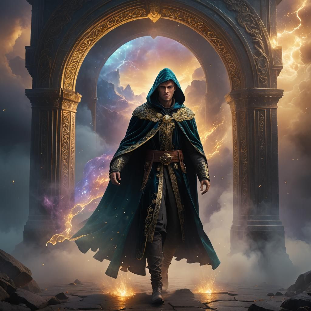 Young Man Steps Through Iridescent Dream Portal