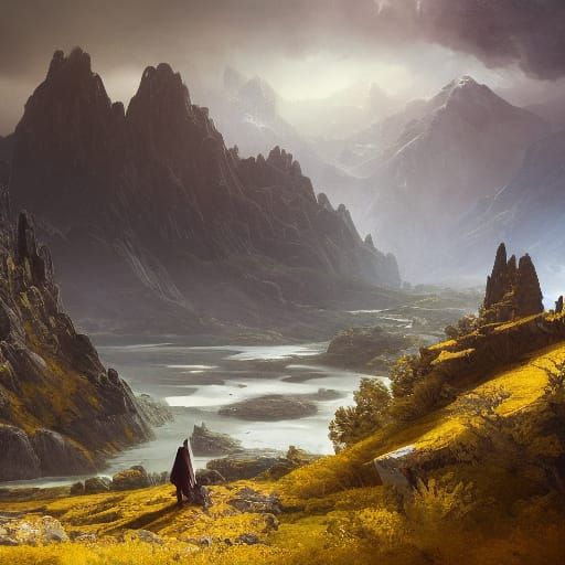 Dark Fantasy Figure Overlooking Valley Landscape