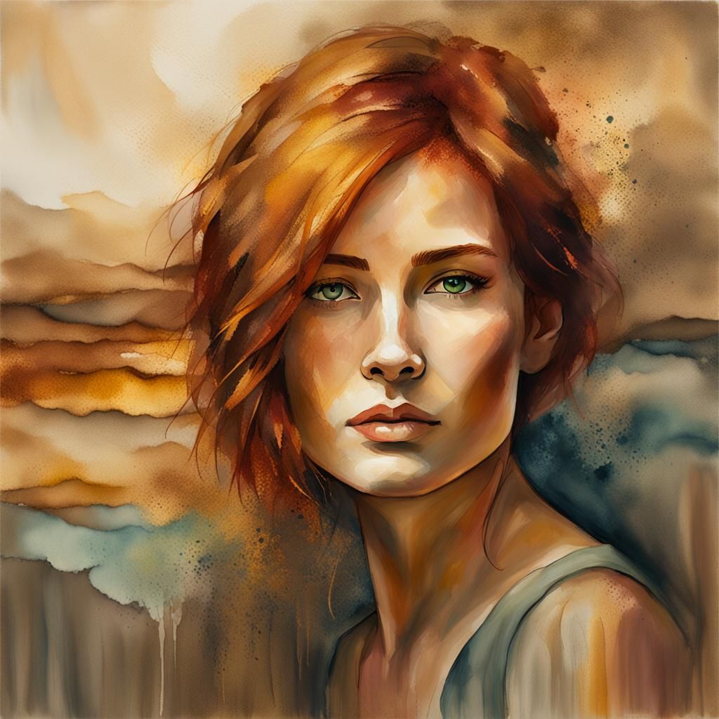 Auburn-Haired Woman Portrait in Alcohol Ink Style