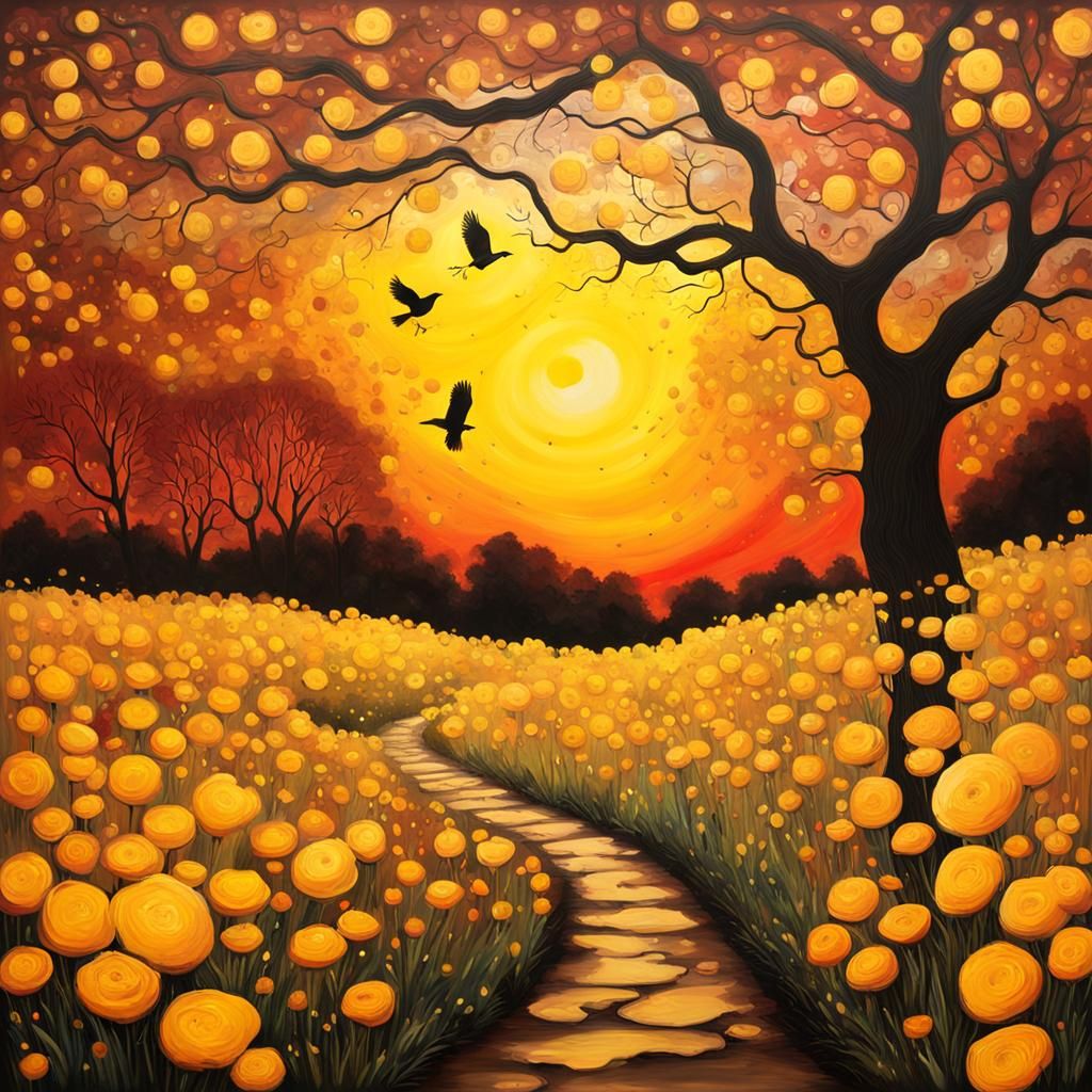 Blackbird in Field of Flowers: Impasto Alcohol Ink