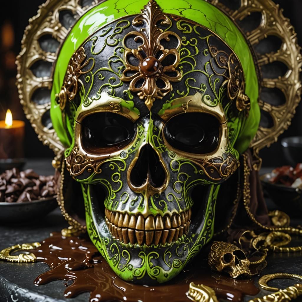 Fluorescent Green Skull with Venetian Mask, Hyperrealistic