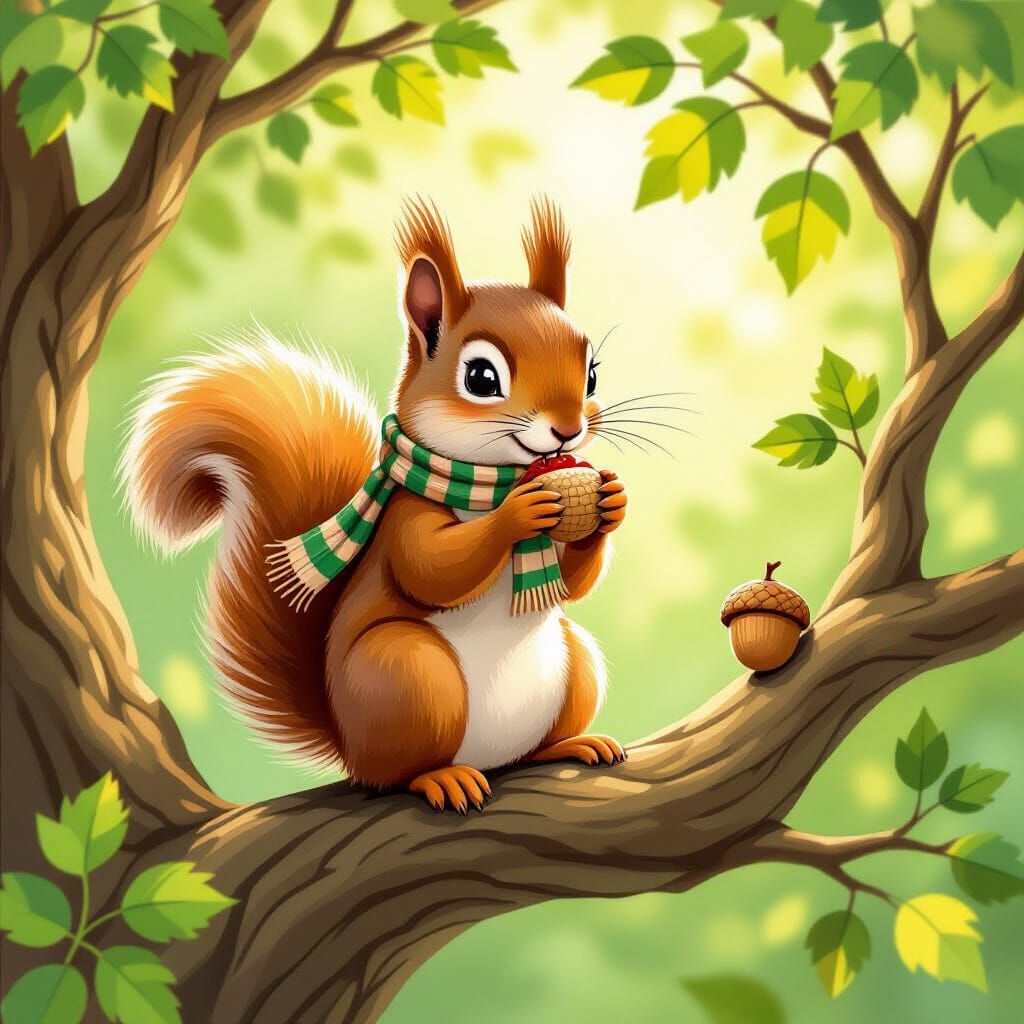 Squirrel with Scarf Eating Nut in Whimsical Style