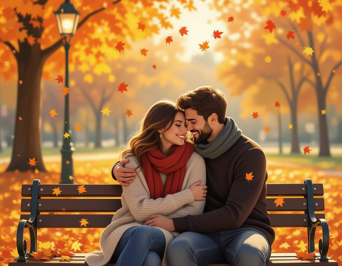 Couple's Autumn Embrace: Impressionist Style