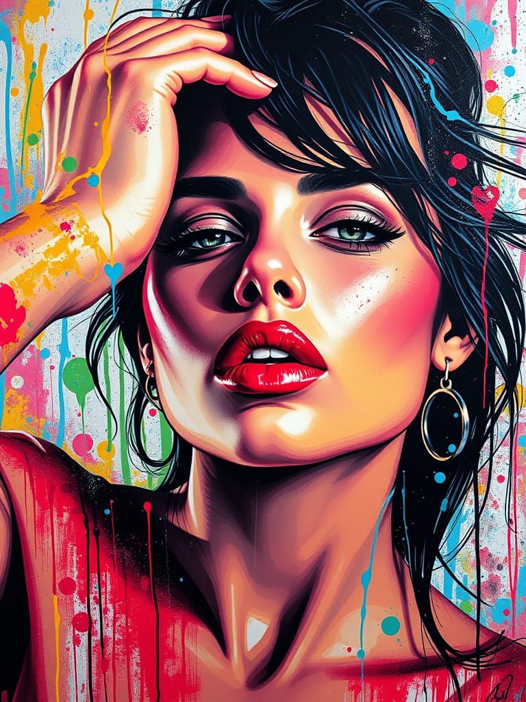 Woman Poses in Vibrant Graffiti Art Style