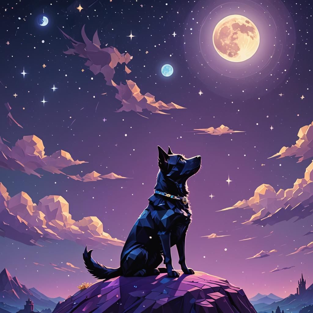 Black Dog on Moon in Low-Poly Digital Art