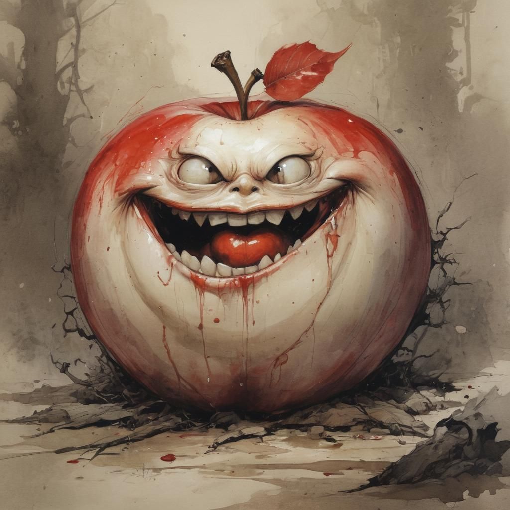 Evil Anime Apple Laughing in Tim Burton Style