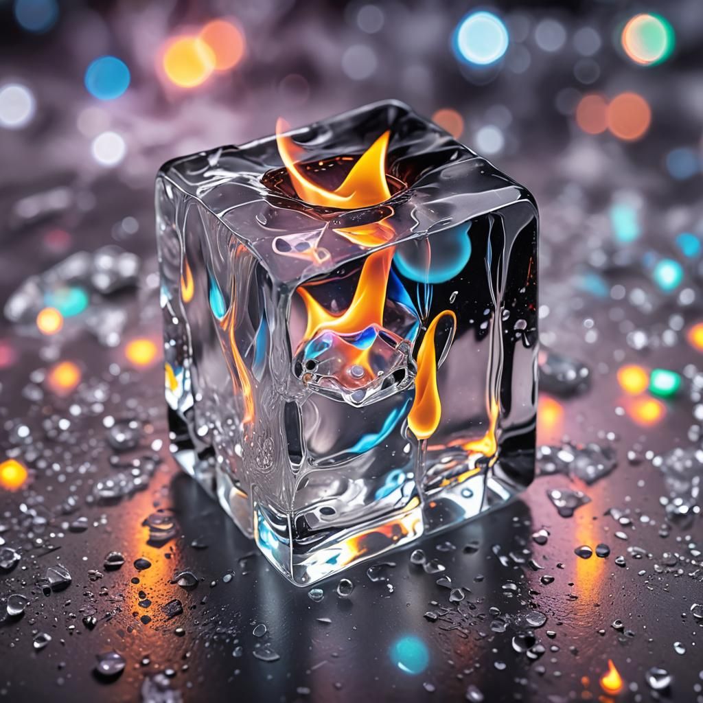 Ice Cube with Multicolor Flame: Macro Photography