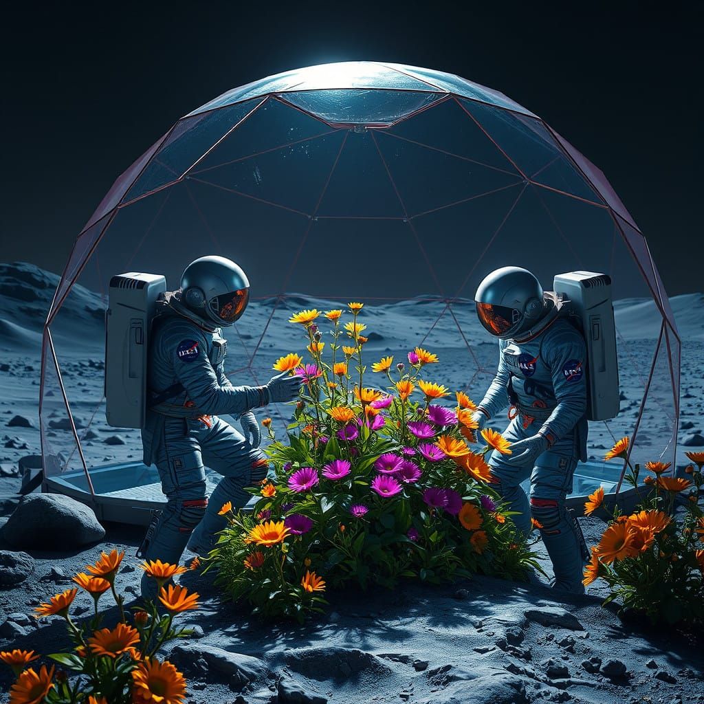 Astronauts in Metallic Spacesuits Tend Lush Flowers in Lunar...