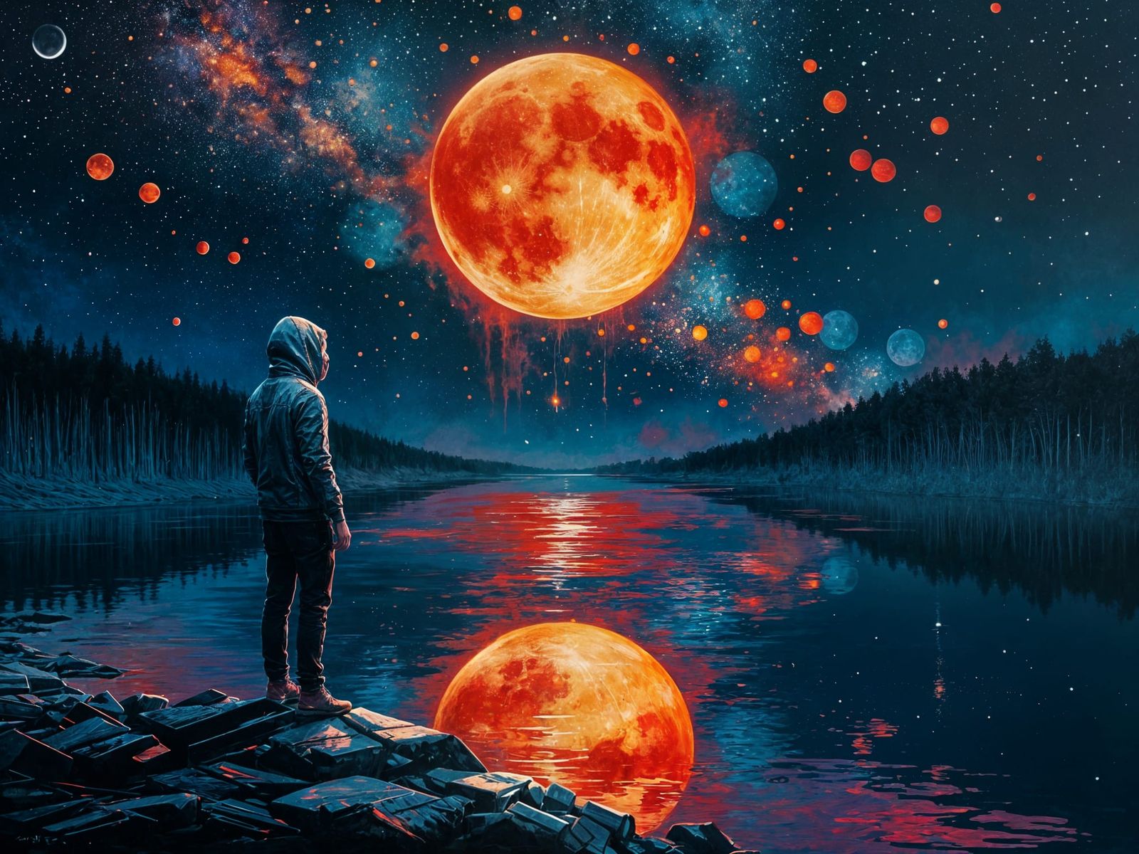 Cosmic Riverbank Graffiti Under Dark Milky Way