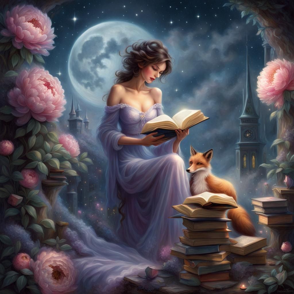 Ethereal Magician with Fox in Fantasy Landscape