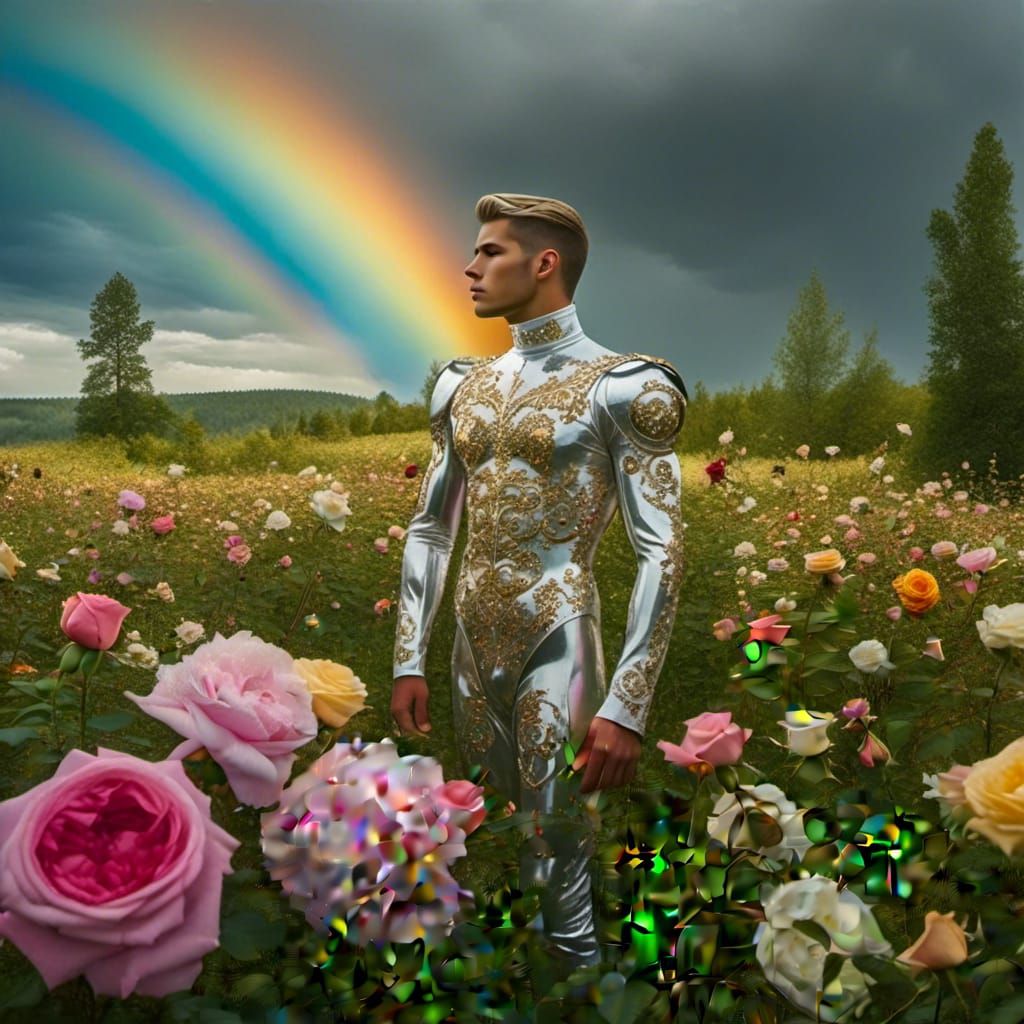 Handsome knight in a flowery field