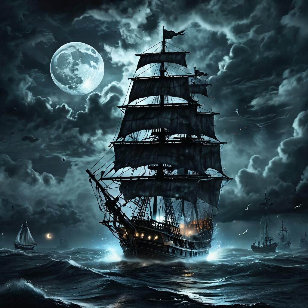 Ghost Pirate Ship in Stormy Moonlight, Dark Digital Art