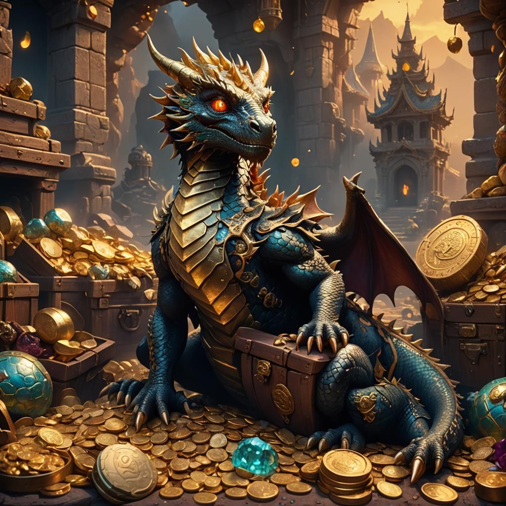 Small Dragon on Treasure Hoard: Fantasy Concept Art