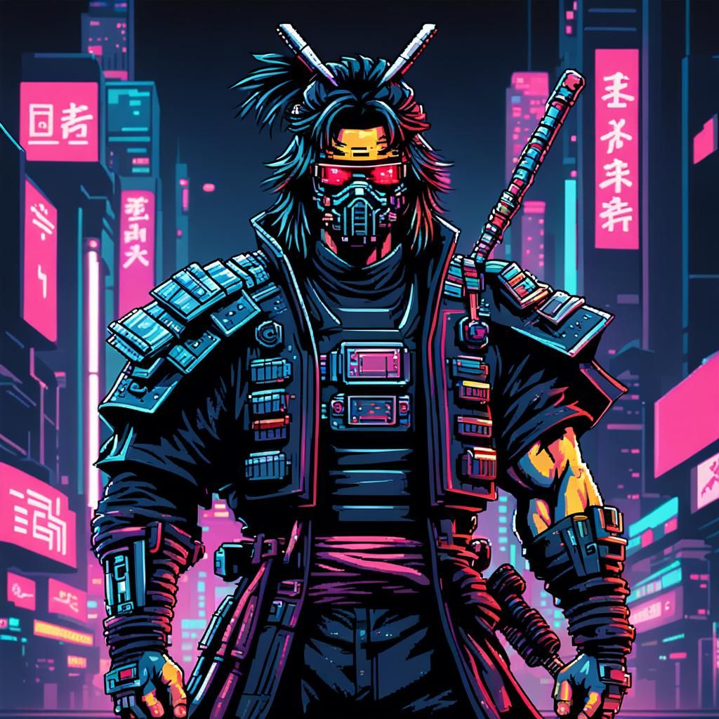 Cyberpunk Pixel Samurai in 80s Style