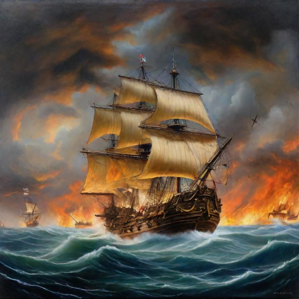 Historical Galleon Under Siege in a Stormy Battle Scene