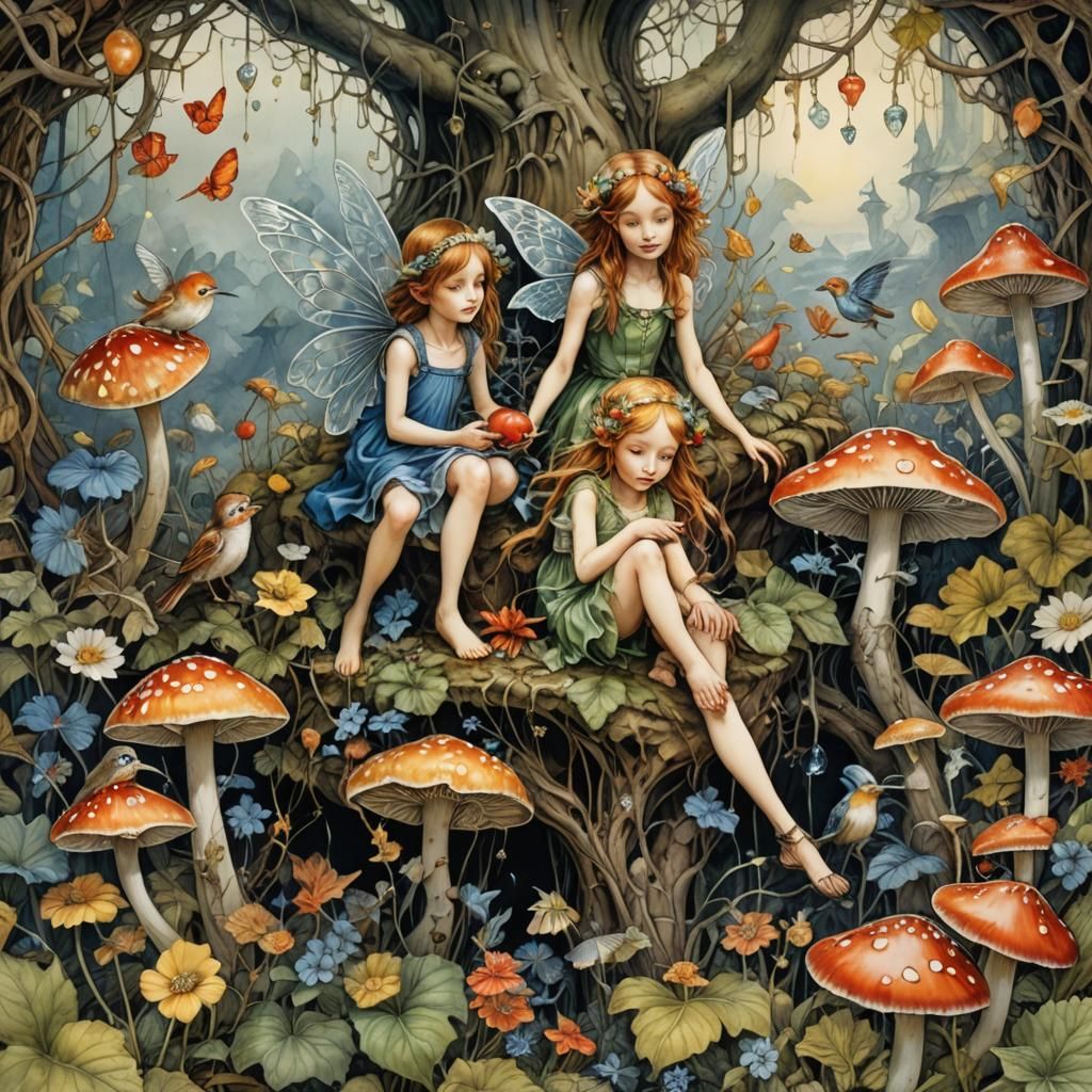 Fairies and Birds on Crystals Coloring Book Illustration