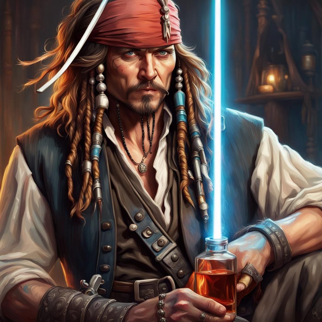 Captain Jack Sparrow with Lightsaber, Hyperdetailed Portrait