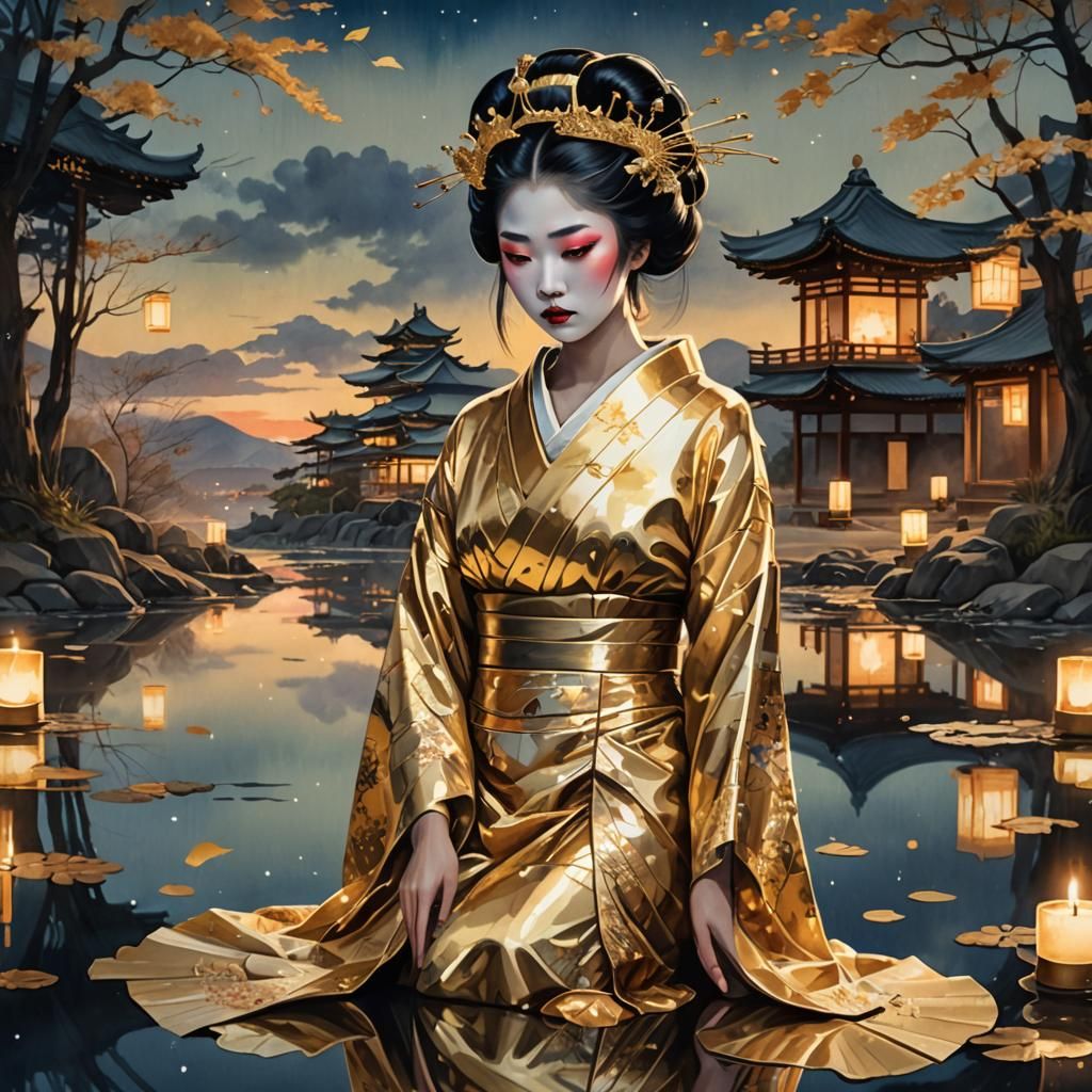 Geisha in Haute Couture Dress Aquarelle Illustration