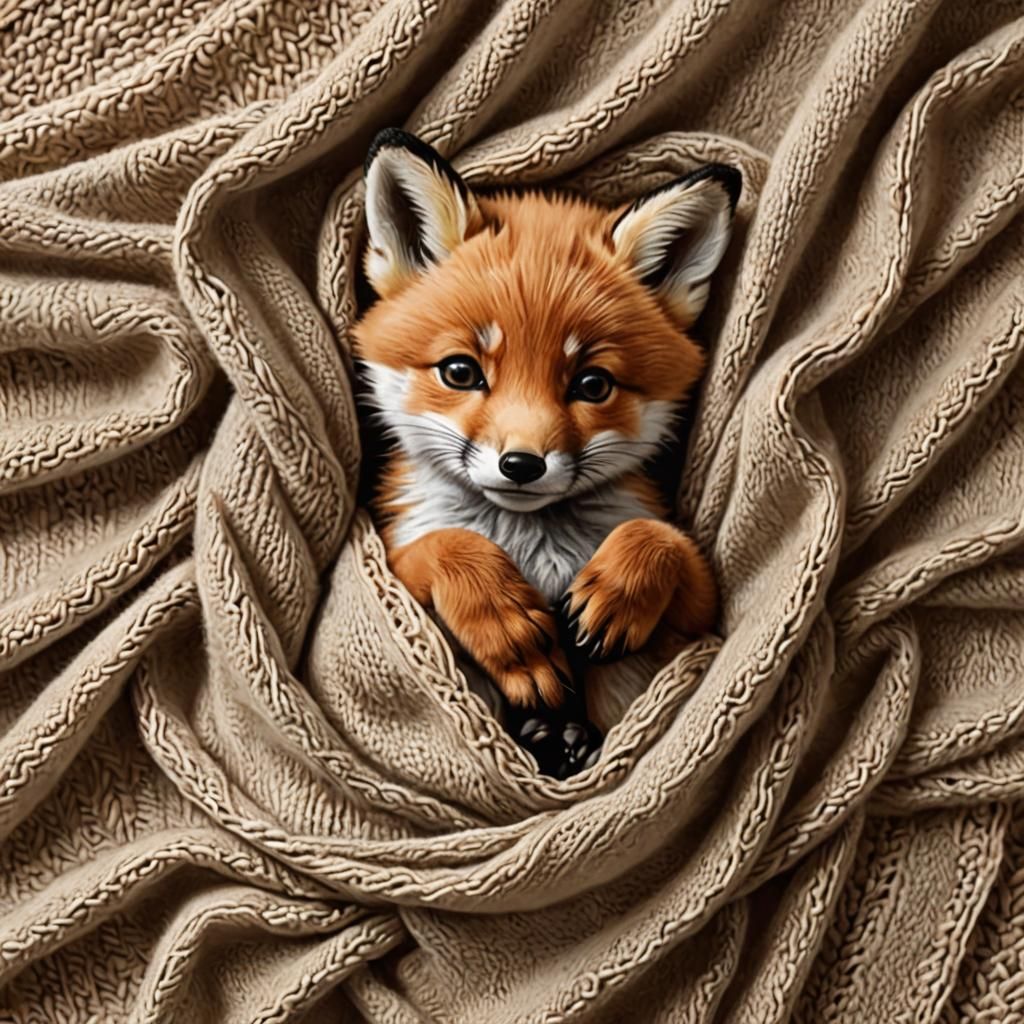 Cute Baby Fox in Blanket: Hyperrealistic Yee Chong Style