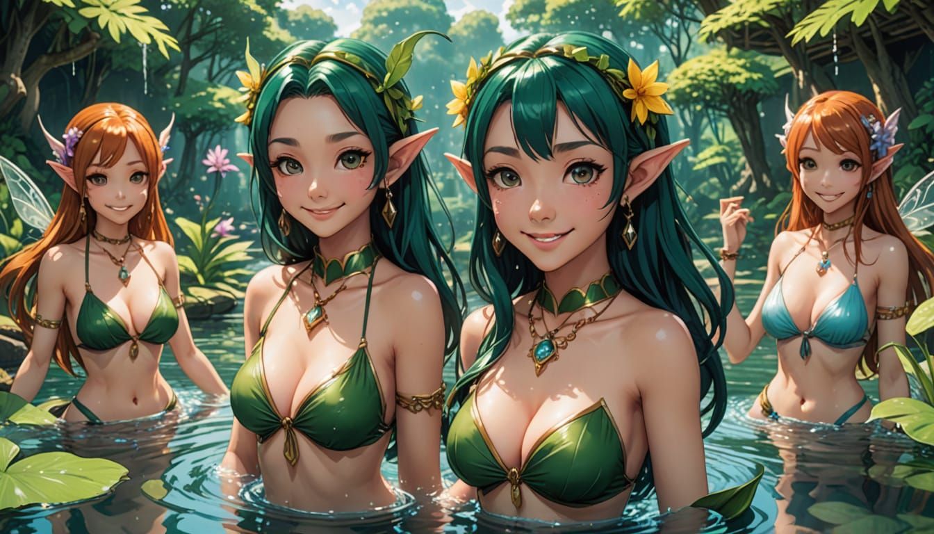 Five Elven Women in Bikinis by a Pond