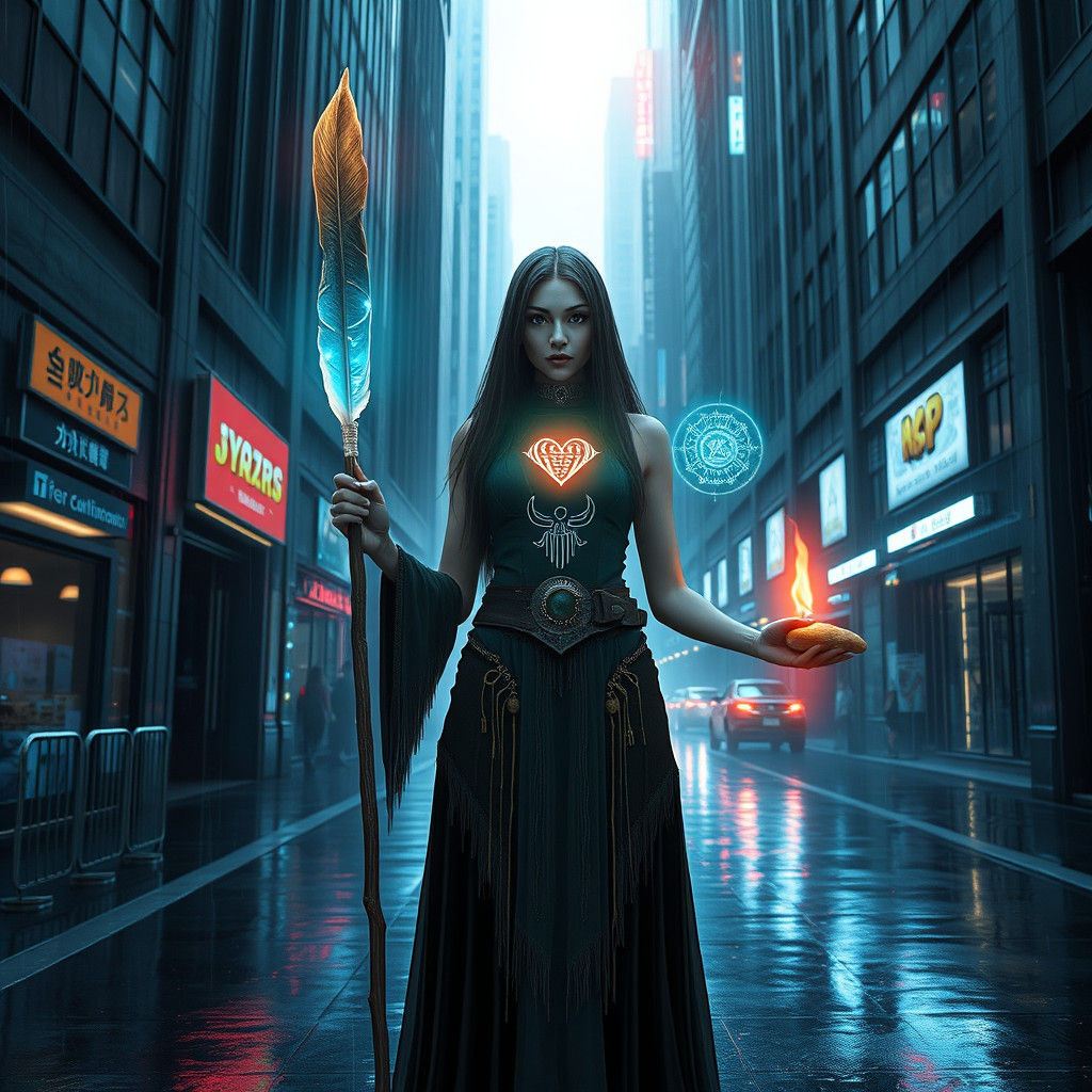 Dystopian Priestess with Cyberpunk Staff in Rainy Alley