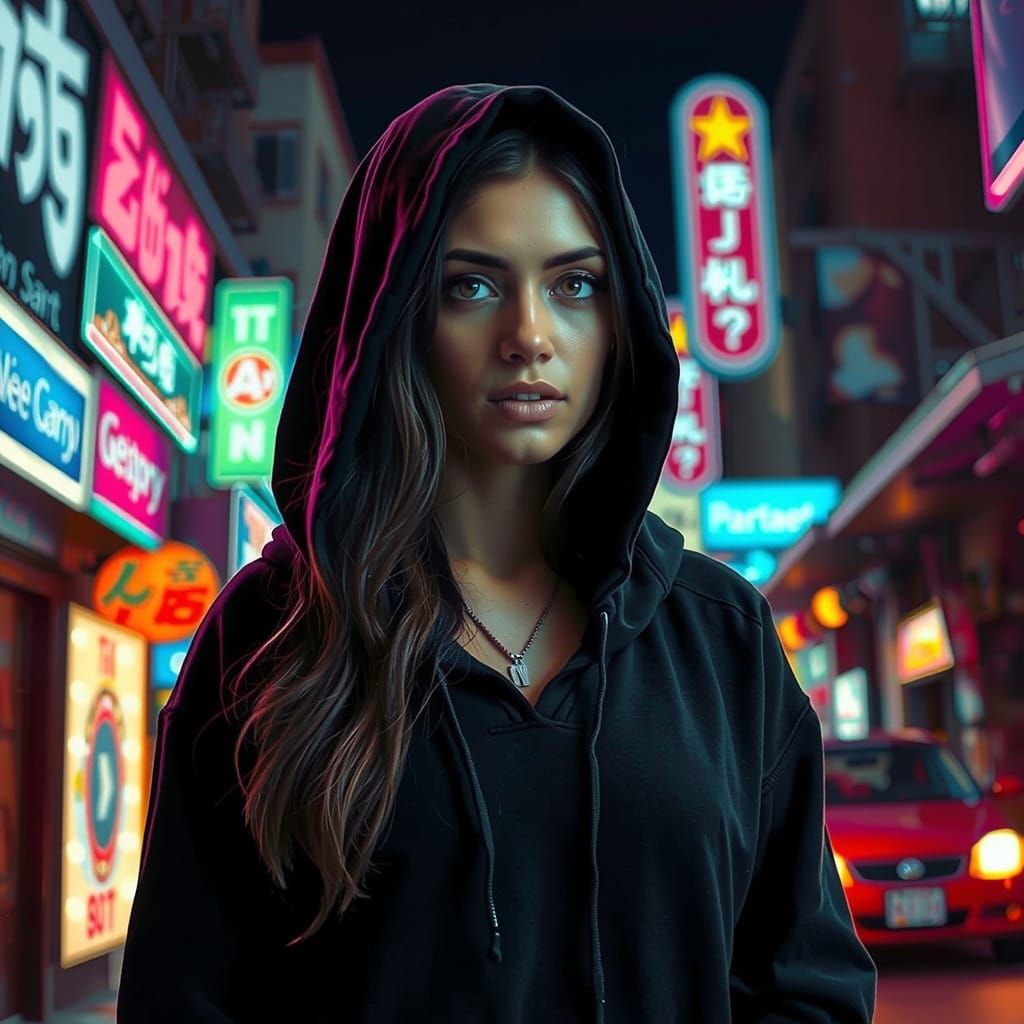 Arabian Woman in Neon-Lit Street, Cinematic Style