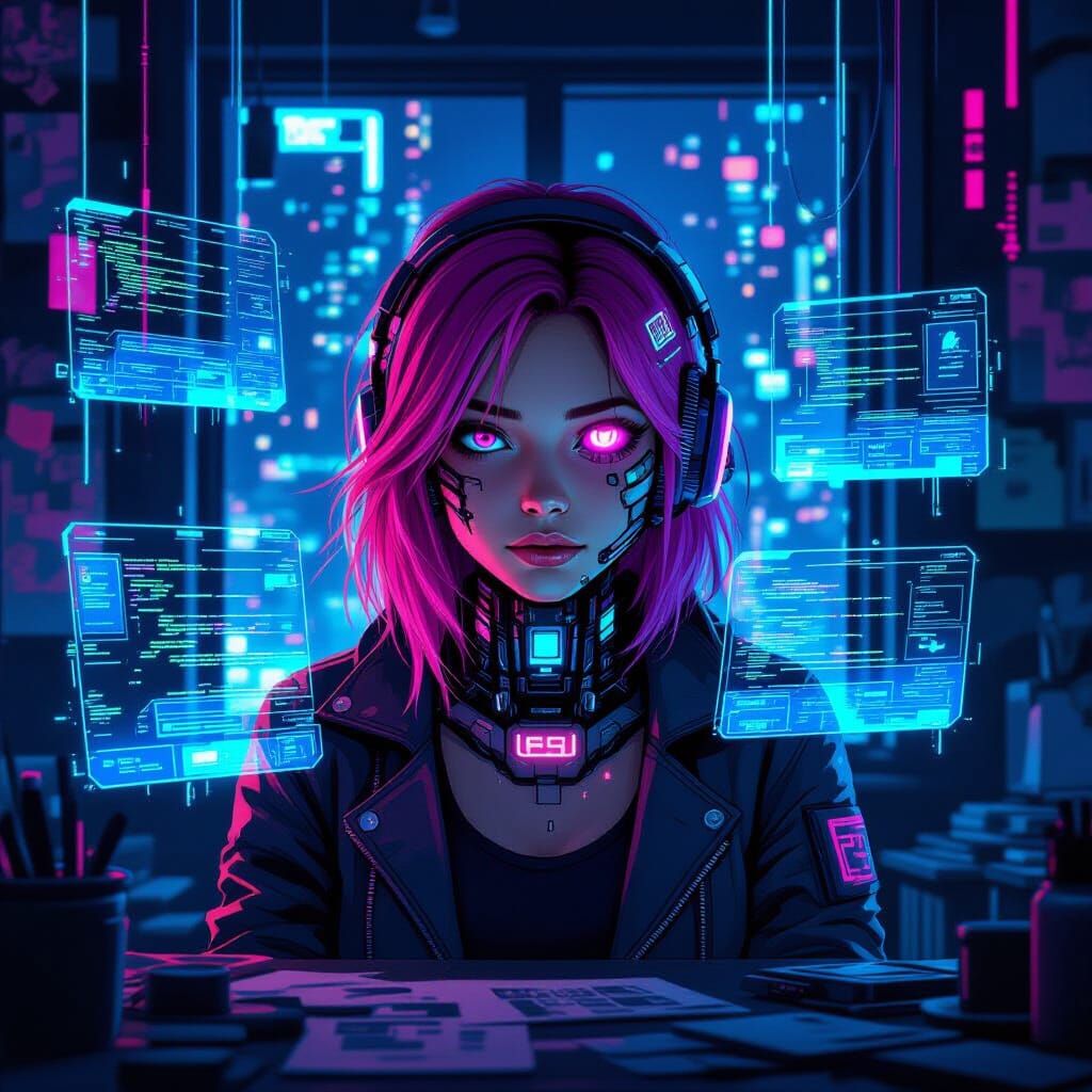 Cyberpunk Hacker Girl in Neon Cityscape