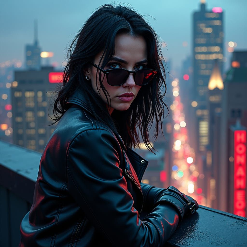 Menacing Woman on New York Rooftop, Gritty Urban Style