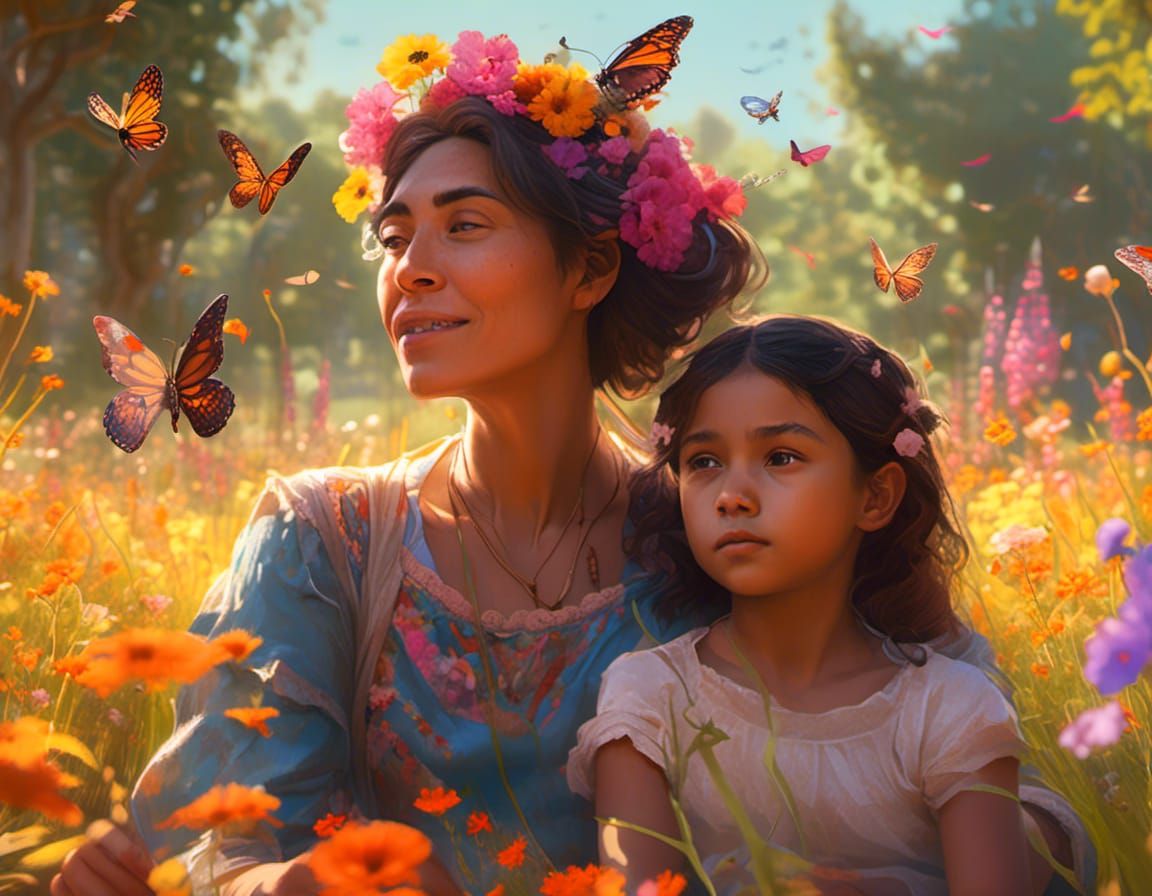 Hispanic Mother and Daughter in Sunny Flower Field