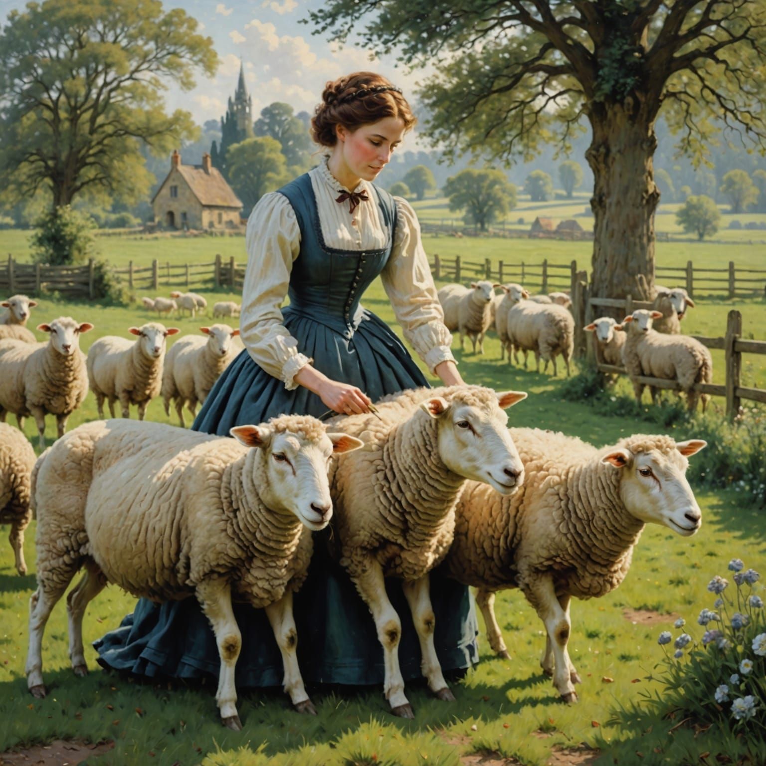 Victorian Woman with Sheep in Impressionist Style