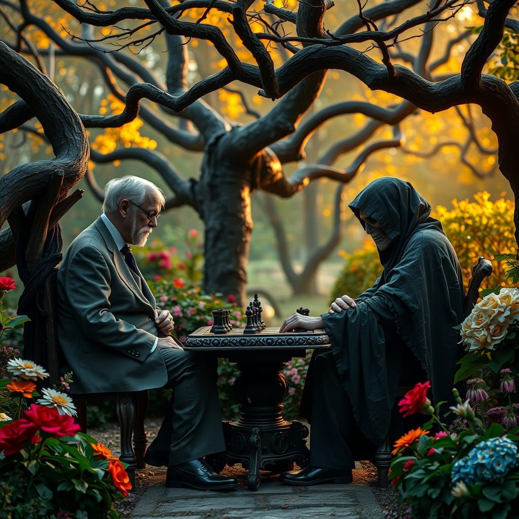 Chess with Death in a Serene Garden, Hyperrealistic HDR